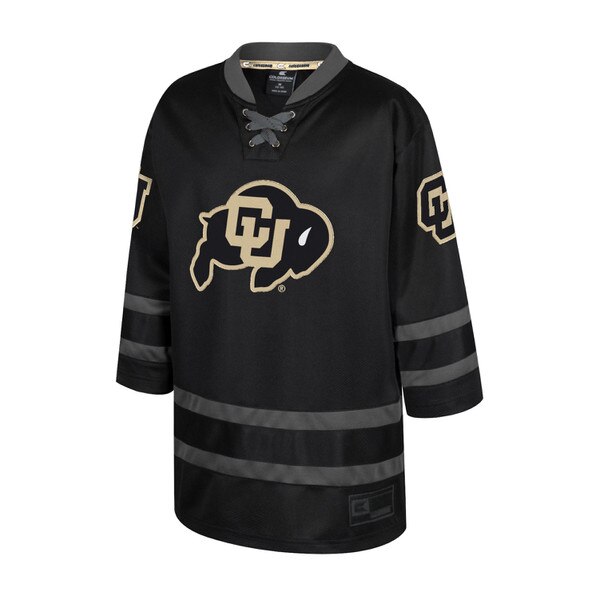 A black charcoal Colosseum youth hockey jersey with drawstring collar, C.U buffalo logo, and "C.U."